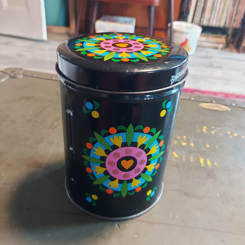 Vintage Bartons Candy Tin Twin Almond Kisses Psychedelic Floral Mandala Black